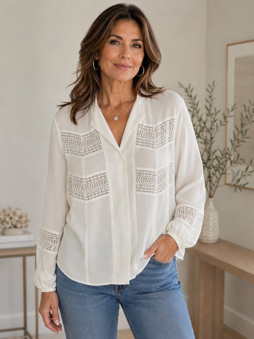 Chico's Size 3 Ivory Lace Trim Blouse Women's XL 16/18 Boho Romantic Long Sleeve